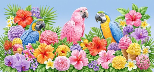 Obraz premium Tropical scene with colorful birds, refreshing ice creams, and dense greenery for lively summer promotions.