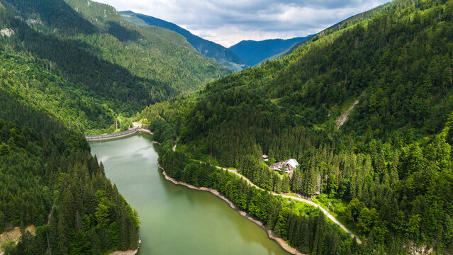 Petrimanu Lake Travel Landscape from Above, Romania