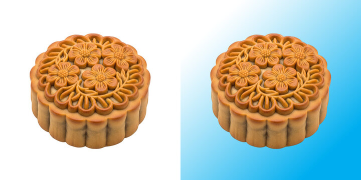 Traditional chinese mooncake pastry with detailed floral pattern isolated on white background