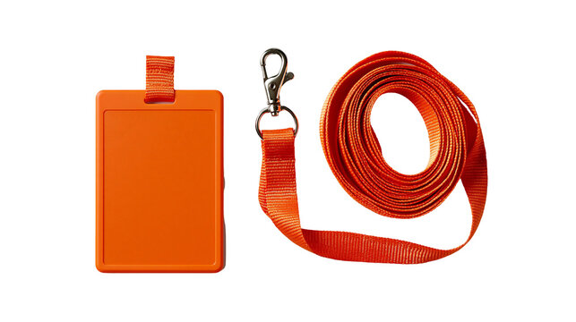 Orange plastic ID card holder with matching fabric lanyard and metal swivel hook