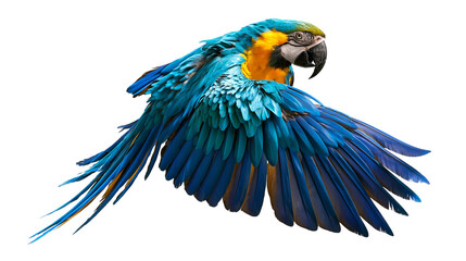 Blue and yellow macaw parrot flying with wings spread wide © Sylas