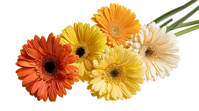 Vibrant orange yellow and cream gerbera daisy flowers with green stems