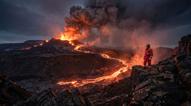 Volcanologist observing active volcanic eruption and flowing lava during hazardous field expedition