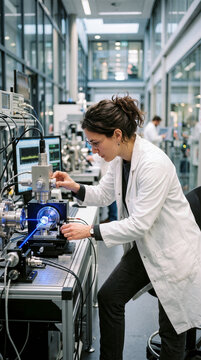 Female researcher adjusting spectrometer in modern laboratory with advanced scientific equipment