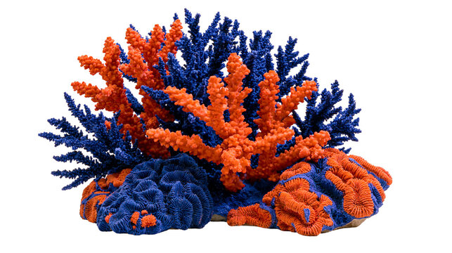 Vibrant blue and orange branching and brain coral reef structure