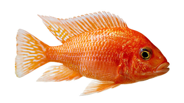 Bright orange cichlid fish with detailed scales and translucent fins