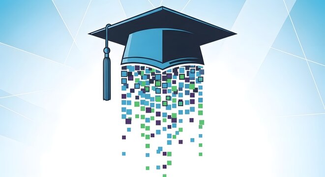 Modern Graduation Cap with Digital Data Flow Representing E-Learning and Knowledge Transfer
