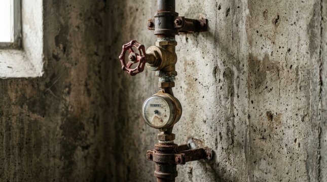 An old rusty pipe system mounted on a raw concrete wall features an integrated water meter and a red turn valve, capturing an industrial aesthetic in a dim basement setting