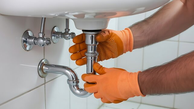 A plumber wearing orange protective gloves using a wrench to repair a chrome pipe under a white bathroom sink, showing home maintenance work