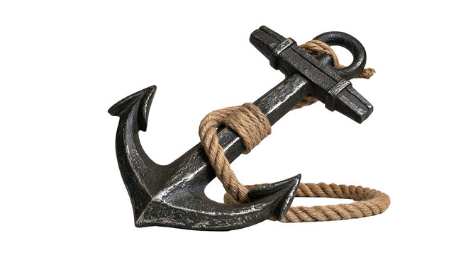 Weathered cast iron ship anchor wrapped with thick natural fiber nautical rope
