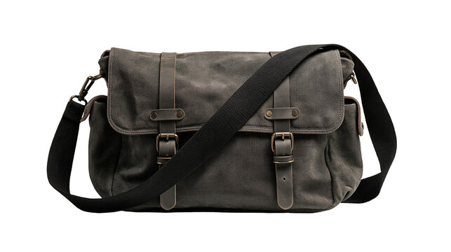 Dark grey canvas messenger bag with leather straps and metal buckles