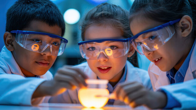 Children wearing safety goggles conducting a science experiment in a lab