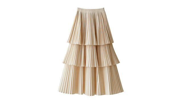 Beige tiered pleated midi skirt with elastic waistband