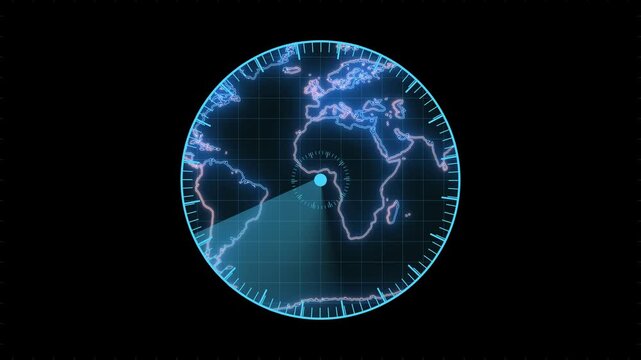 Futuristic radar screen displays an illuminated world map. Global surveillance target telemetry guides this radar screen. Cyber planetary monitoring routes across the active radar screen.