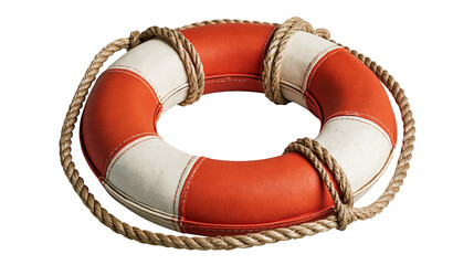 Orange and white circular lifebuoy ring with wrapped brown nautical rope © Sylas