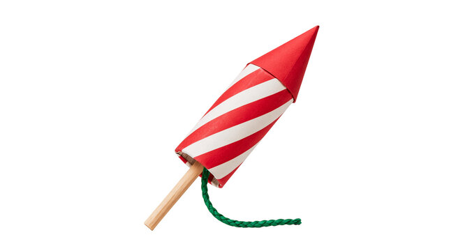 Red and white striped paper firework rocket with wooden stick and green fuse