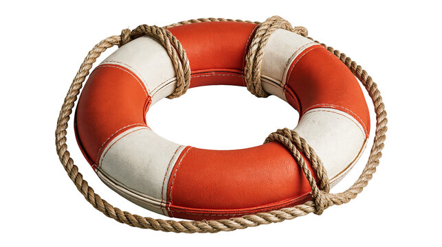 Orange and white circular lifebuoy ring with wrapped brown nautical rope