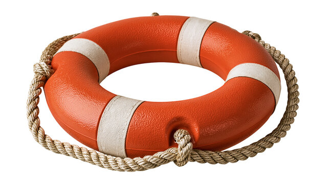 Bright orange circular lifebuoy ring with white straps and braided rope