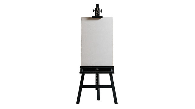 Black wooden artist easel with a blank white canvas for painting and drawing