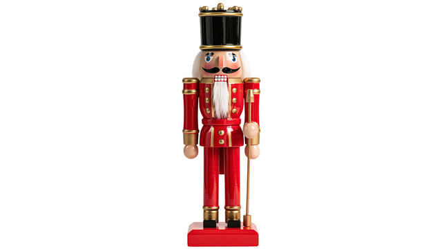Traditional wooden nutcracker soldier in red uniform with black hat and staff