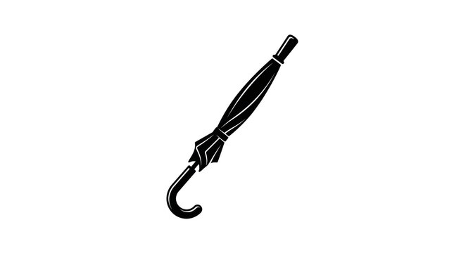 Classic black umbrella icon, closed waterproof parasol with curved handle, minimalist rain protection symbol isolated on white background