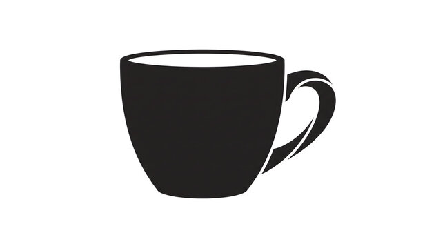 Minimalist black coffee cup icon, simple ceramic mug silhouette, modern espresso cup graphic on white background for cafe branding and menu design
