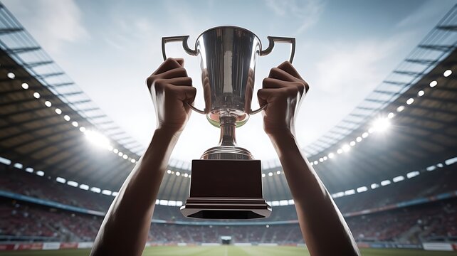 A silver trophy cup held by a winner in a large outdoor stadium under a bright sky with stadium lights during a daytime sports championship event