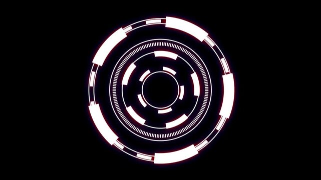 Circular HUD element rotates with glowing white telemetry lines. Futuristic radar targeting coordinates guide this circular HUD element. Cyber user interface graphics power the white circular HUD.