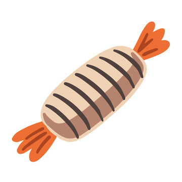 Wrapped candy with striped wrapper and twisted ends. Flat cartoon illustration suitable for confectionery packaging, menus, stickers, children&rsquo;s designs and sweet shop graphics.