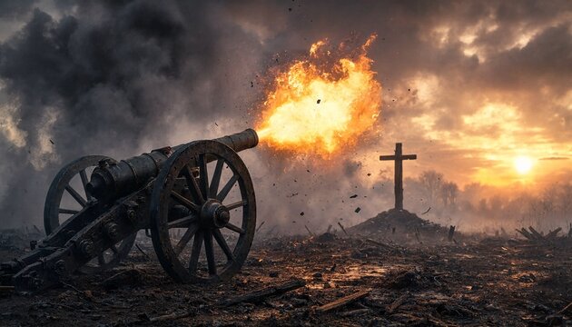 A vintage metal artillery cannon firing with fire and smoke on a dark war torn battlefield
