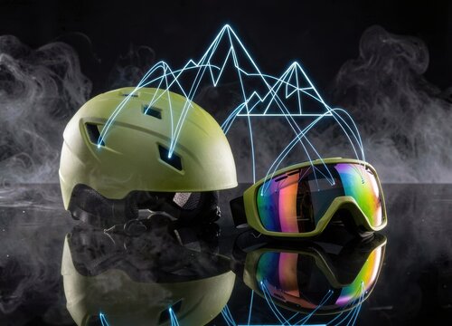 Green ski helmet and colorful goggles with light painting mountains