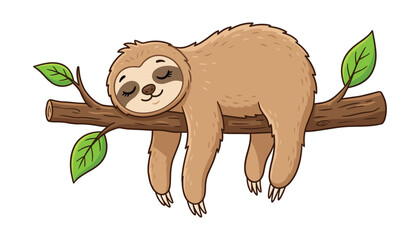 Fototapeta premium Cute Sloth Sleeping on Tree Branch Vector Illustration Cute Wild Animal Hanging on Wood Limb with Leaves Design