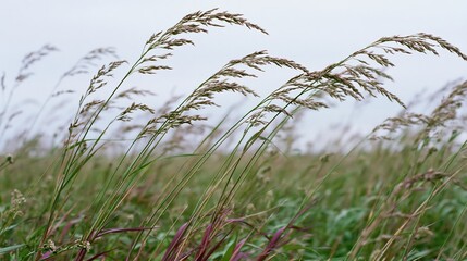 Obraz premium Tall wild grass with seed heads swaying in a meadow field