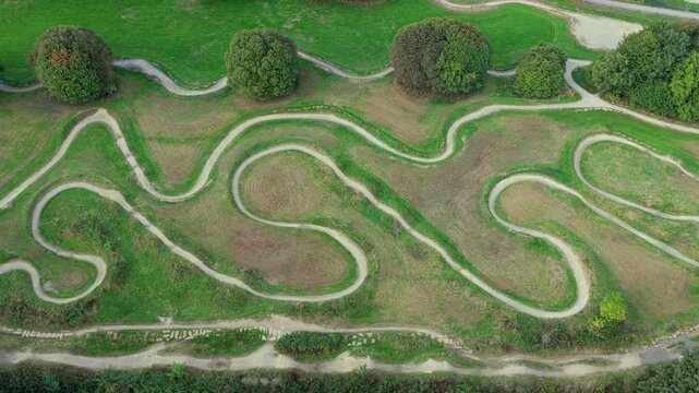 Aerial Video Over Mountain Bike Flow Trails and Berms at Middleton Park in Leeds, UK. 