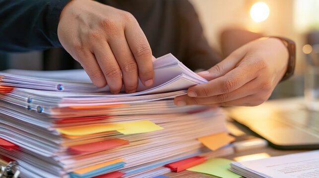 Hands flipping through a thick stack of organized business documents with colorful sticky tabs