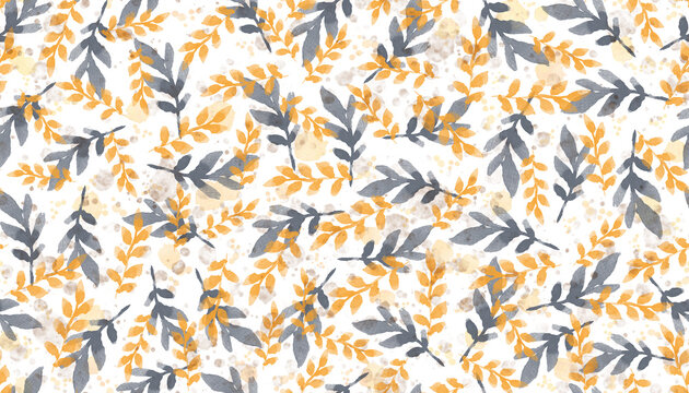 Seamless watercolor leaves pattern with yellow and grey foliage. Elegant botanical abstract background texture for wallpaper, fabric, wrapping paper, and floral print design.