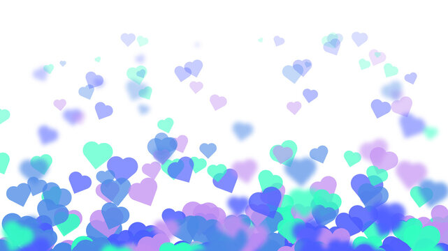 Assorted pastel hearts float in a blurred pattern on transparent background floating scattered shapes