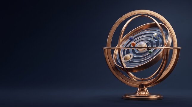 Bronze armillary sphere astrolabe holding glass planetary solar system orrery, Columbus Day global exploration and cosmos navigation concept with deep copy space   
