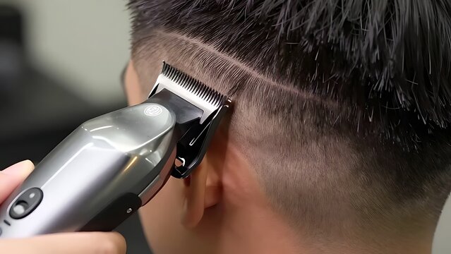 Hair clipper styles a man short haircut in salon.