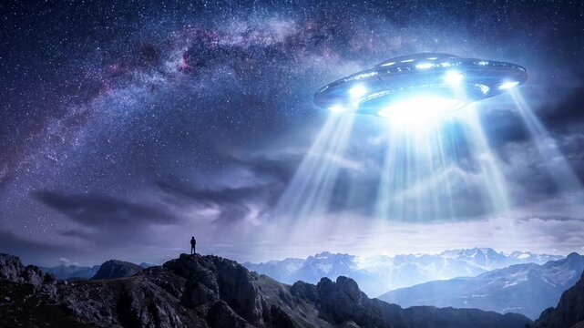UFO hovering over mountains with light beams under the Milky Way at night. Person on a peak watching alien spaceships in a starry sky. Extraterrestrial encounter, science fiction and space