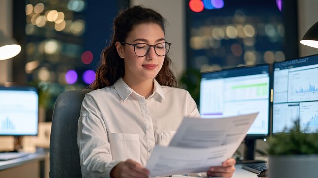 Professional woman reviewing financial reports at her desk in a modern office at night time