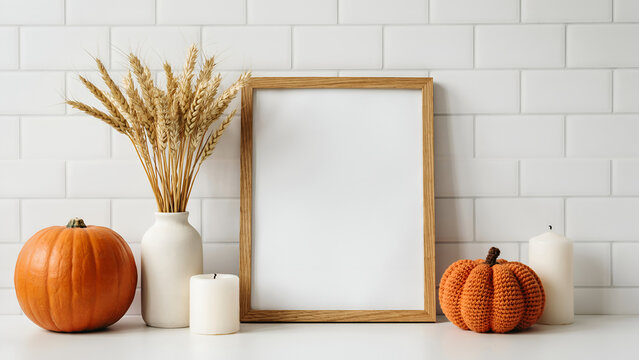 Autumn home decor with a blank wooden picture frame, wheat stalks in a vase, pumpkins, and candles against a white subway tile wall