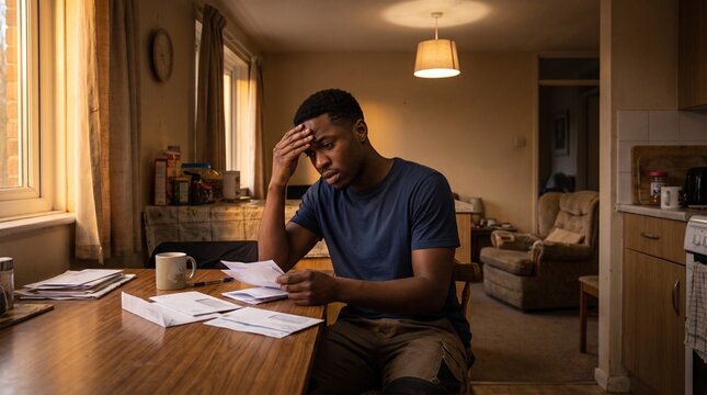 A young man grapples with overwhelming financial stress and mounting debt, sitting at home amidst a pile of bills, reflecting on his challenging economic situation and uncertain future