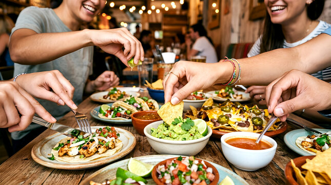 Cheerful friends enjoying authentic Mexican food together at a lively restaurant.