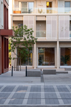 Modern apartment entrance and paved public space in Nordbahnviertel Vienna Austria showing contemporary residential design and everyday urban living