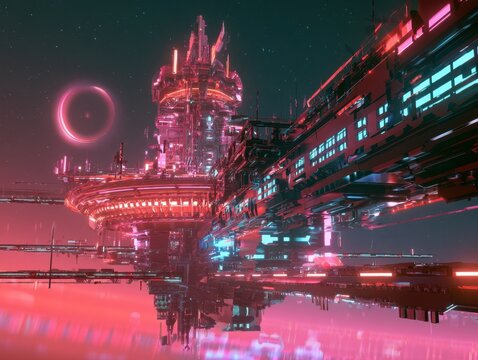 futuristic space station orbital megastructure bathed in glowing neon pink lights cyberpunk city sci-fi architecture deep cosmos background concept art rendering digital illustration wallpaper fantasy