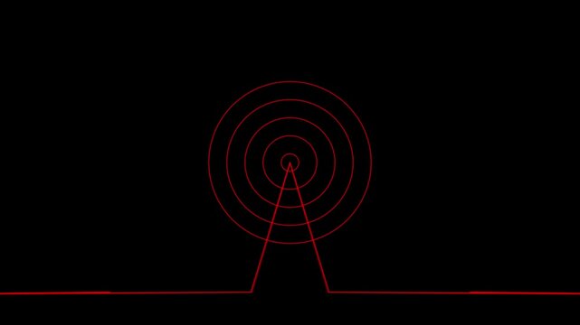 Red concentric circles and triangle align along a line on black. Geometric telemetry target icons frame the red concentric circles. Modern communication symbols shape these red concentric circles.