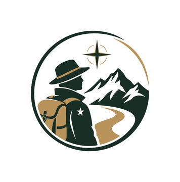 Professional modern adventurer hiker hat backpack mountain compass travel logo template