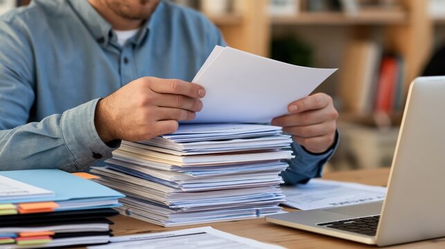 Professional recruiter carefully reviewing a large stack of job applications at a modern office