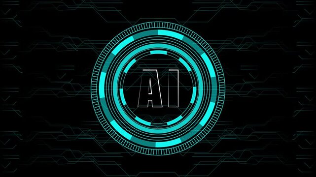 Futuristic AI logo rotates within a glowing cyan HUD ring. Artificial intelligence machine learning data routes to the AI logo. Cyber neural network technology powers this futuristic AI logo.